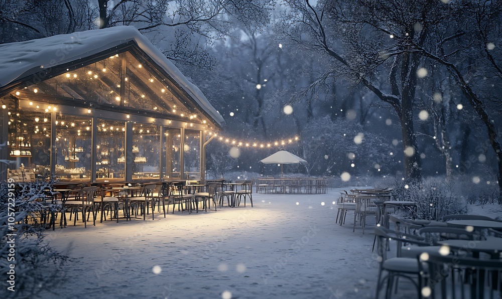 Fototapeta premium A cozy restaurant in a snowy landscape, illuminated by warm lights for a winter ambiance.