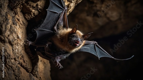 A bat hanging in a cave, showcasing its wings and fur in a natural habitat.