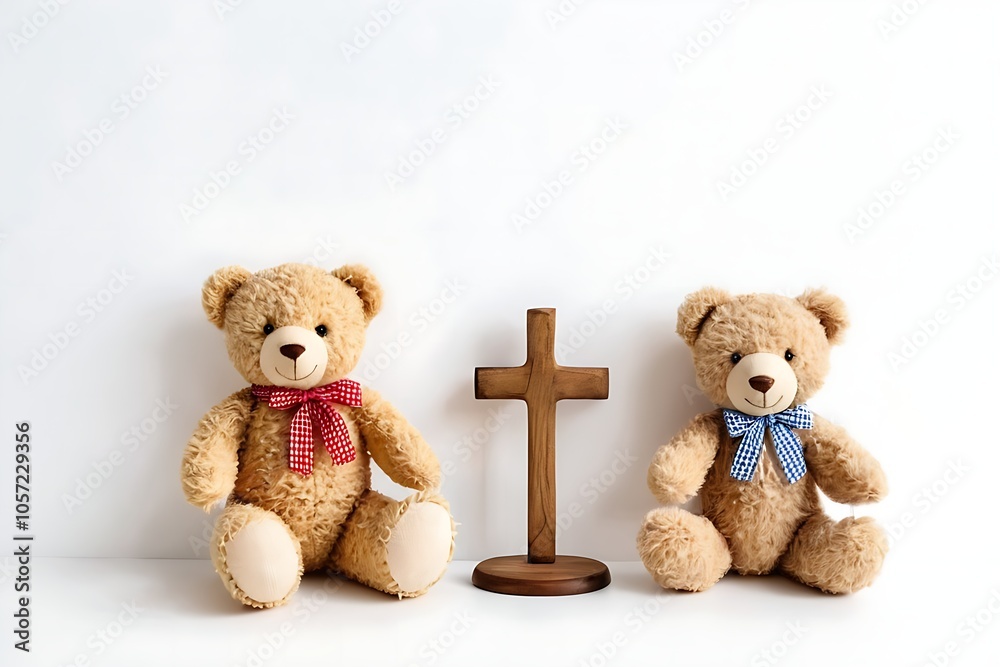 Cute Teddy bears on desk and wooden cross on white wall. christian home concept Cute Teddy bears on desk and wooden cross on white wall. christian home concept