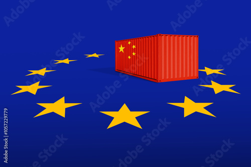 Container with China flag on a Europe Union flag. China and Europe Union trade war. EU dutys for China