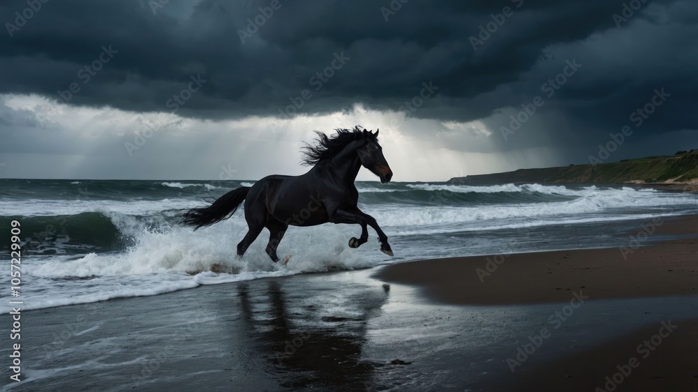 A black horse gallops along a stormy beach, waves crashing around it under dark clouds.