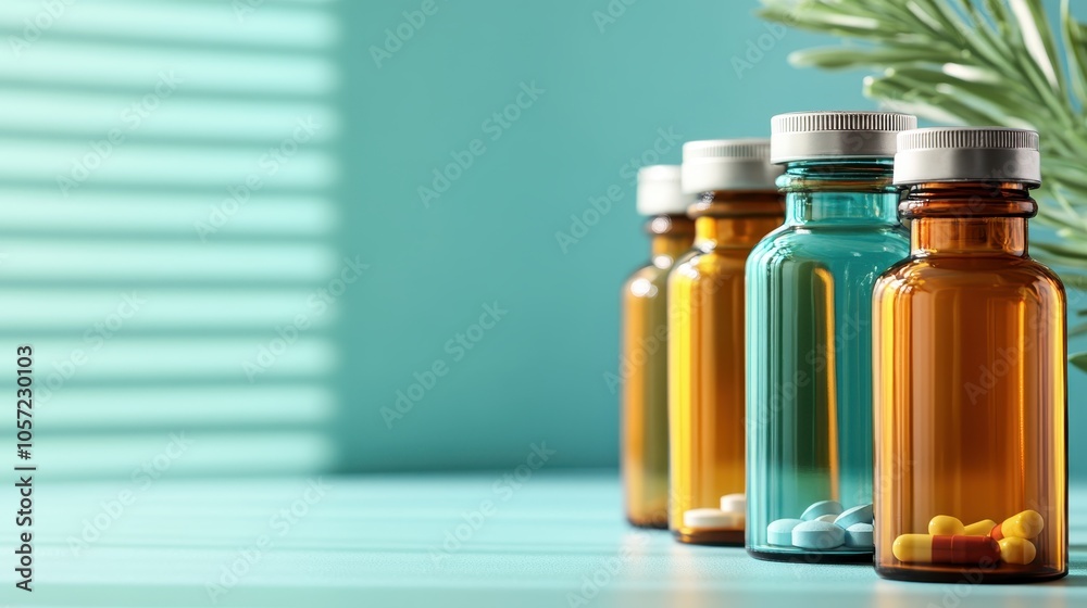 An artistic display of various pill bottles filled with colorful capsules, placed against a pastel background reflecting light, symbolizing health and modern living. An artistic display of various pill bottles filled with colorful capsules, placed against a pastel background reflecting light, symbolizing health and modern living.