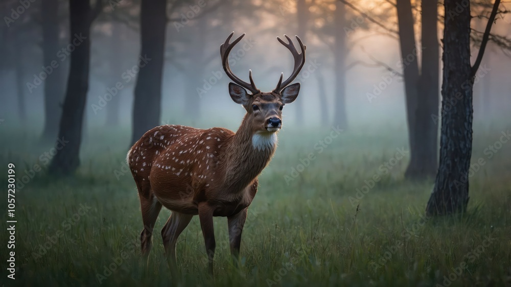 A majestic deer stands in a misty forest, surrounded by trees and soft grass. A majestic deer stands in a misty forest, surrounded by trees and soft grass.