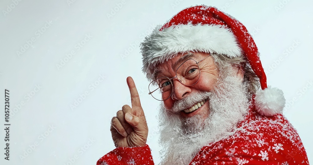 Smiling Santa Claus in Red Costume with Snowy Beard Pointing. Smiling Santa Claus in Red Costume with Snowy Beard Pointing.