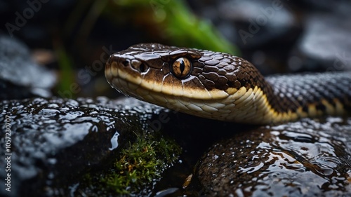 A close-up of a snake resting on wet rocks, showcasing its intricate scales and surroundings.