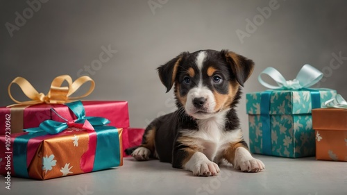 A cute puppy lying among colorful wrapped gifts, creating a festive atmosphere.