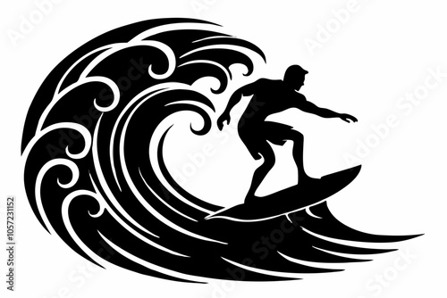 Surfer Riding Wave Silhouette Vector