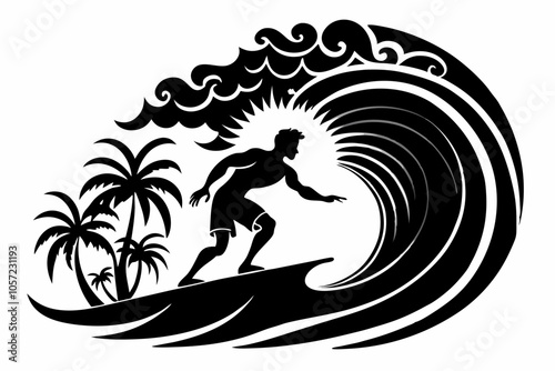 Surfer Riding Wave Silhouette Vector