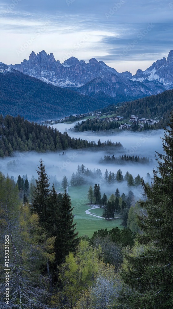Dolomites, Italy at dawn with mist and dramatic peaks Dolomites, Italy at dawn with mist and dramatic peaks