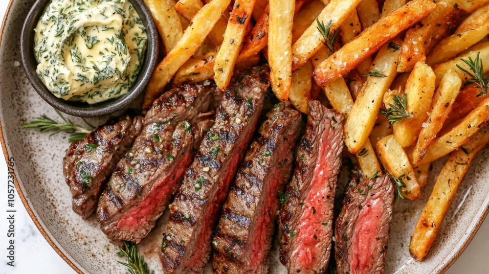 Grilled Steak with Garlic Butter and Fries - a juicy steak with garlic butter served with crispy fries Grilled Steak with Garlic Butter and Fries - a juicy steak with garlic butter served with crispy fries