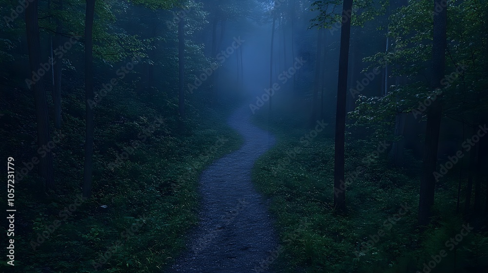 Obraz premium dreamed forest path at dawn A mystical forest path bathed in soft morning light, with wisps of mist floating between the trees.