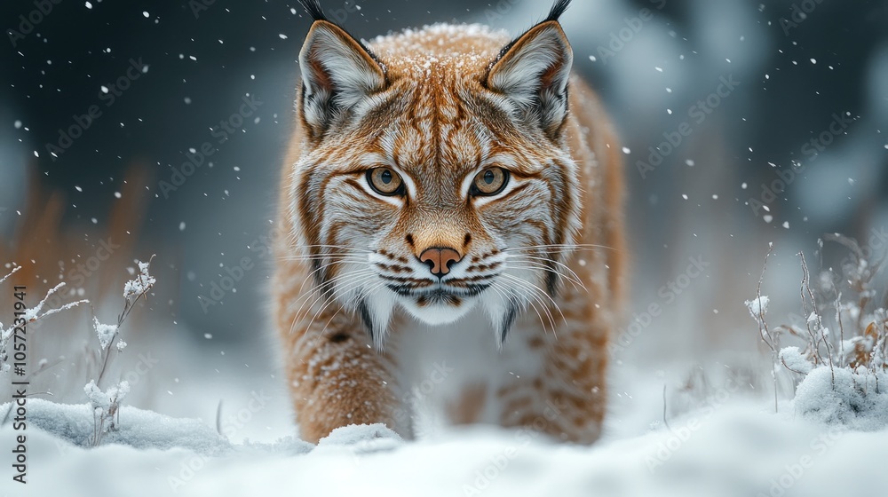 Obraz premium A lynx prowls through a snowy landscape, showcasing its natural beauty.