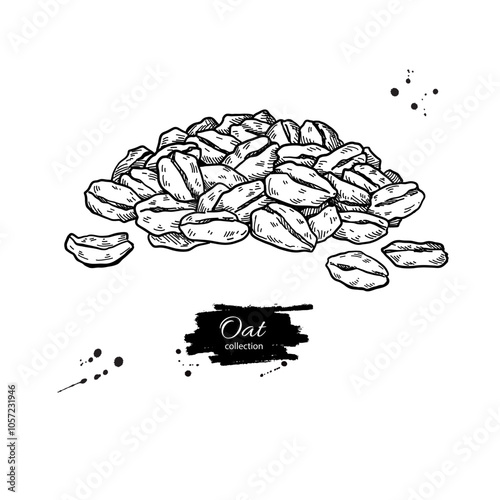 Oat flakes heap vector drawing. Oatmeal breakfast food sketch. Hand drawn illustration of the pile of cereal