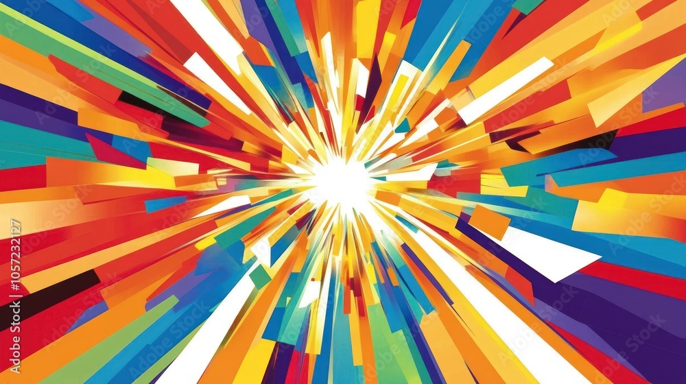 Geometric explosion background with structured shapes and bold colors blending in a striking, abstract pattern