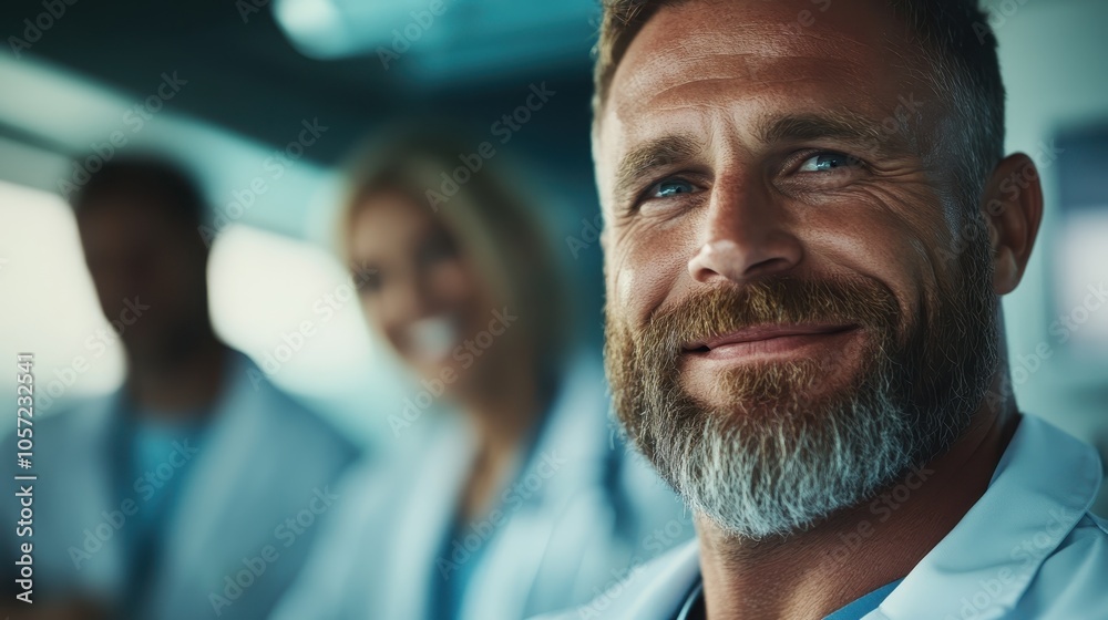 A confident male doctor with a beard smiles warmly in a clinical environment, reflecting expertise and compassion in healthcare, surrounded by colleagues. A confident male doctor with a beard smiles warmly in a clinical environment, reflecting expertise and compassion in healthcare, surrounded by colleagues.