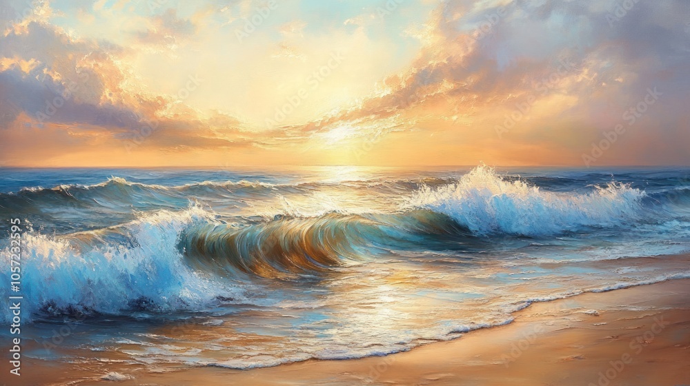 Fototapeta premium Golden hour ocean with energetic waves rolling in, sun casting warm light on a beach scene