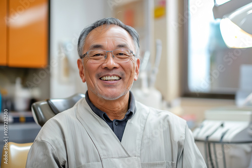 Smiling Asian Male Dentist in Dental Office Setting, Ready to Assist Patients with Dental Care.