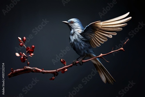 k a branch with a bird perched on it its wings forming the diago photo