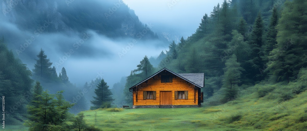 Fototapeta premium Scenic Mountain View and Chalet, Foggy Morning