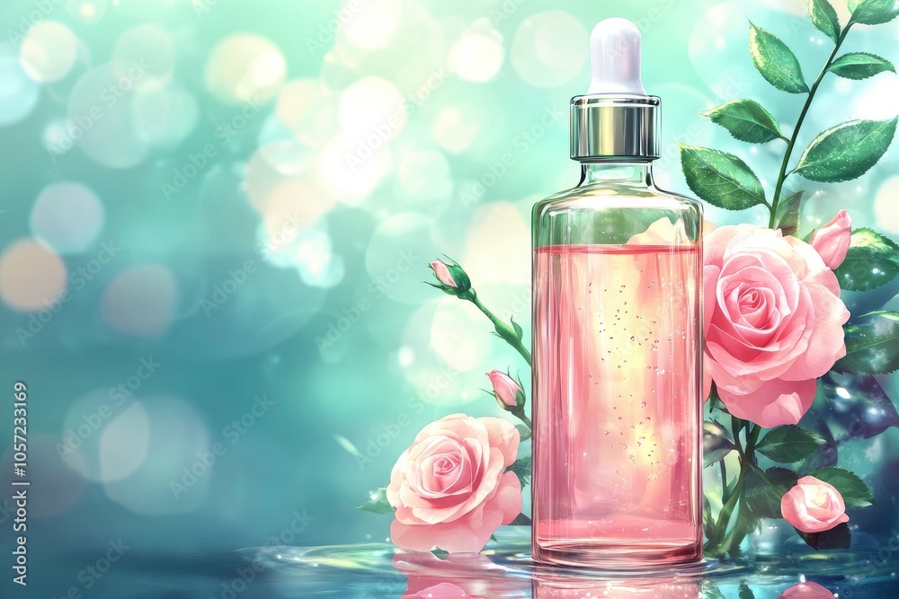 Cosmetic bottle with serum, rose oil, transparent water background with flowers with generative ai Cosmetic bottle with serum, rose oil, transparent water background with flowers with generative ai