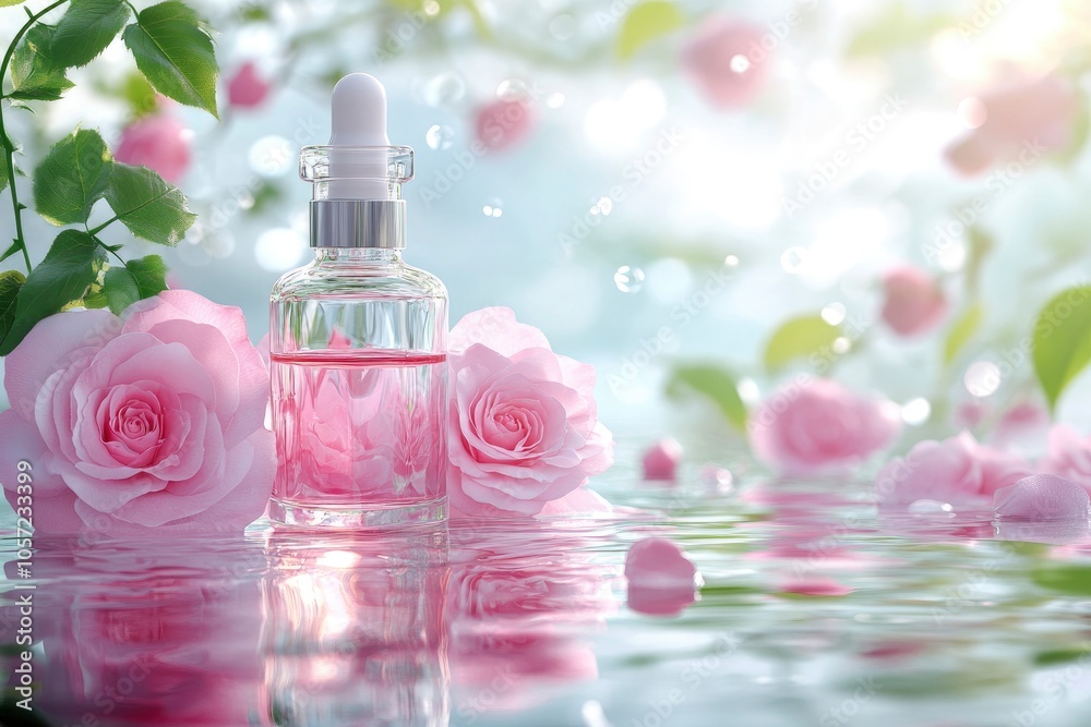 Cosmetic bottle with serum, rose oil, transparent water background with flowers with generative ai