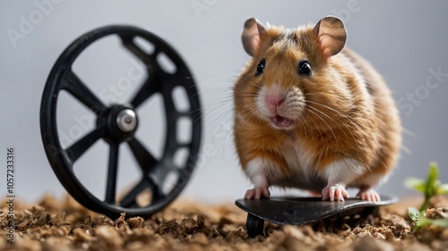 A hamster on a skateboard next to a wheel, showcasing a playful and fun scene. photo