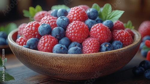 Rustic Berry Medley, vibrant assortment of raspberries, blueberries, strawberries in a charming bowl, showcasing fresh summer flavors and textures