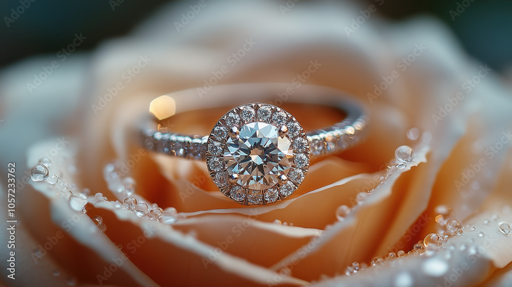 Elegant diamond wedding rings and solitaire engagement ring on white rose. Elegant diamond wedding rings and solitaire engagement ring on white rose.