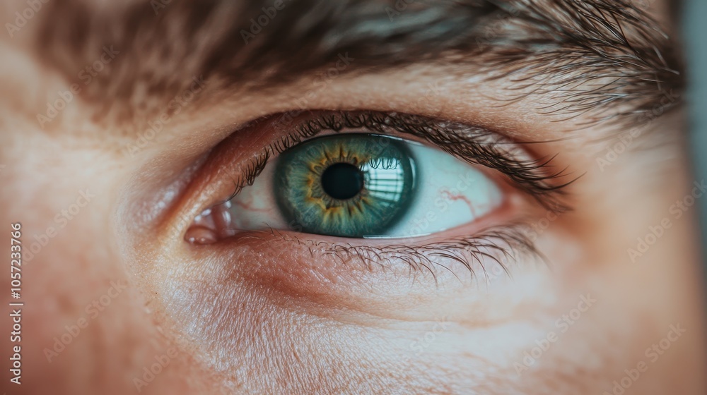 A detailed macro shot of a human eye showcasing its blue-green hues, intricate patterns and reflections, encased in soft skin, conveying a sense of intrigue. A detailed macro shot of a human eye showcasing its blue-green hues, intricate patterns and reflections, encased in soft skin, conveying a sense of intrigue.