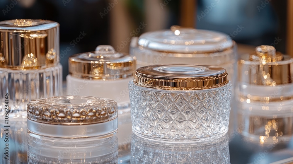 High-end cosmetic containers with crystal glass jars and detailed lids High-end cosmetic containers with crystal glass jars and detailed lids