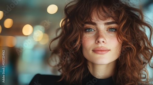 A freckled woman with curly hair smiles gently against a bokeh-filled background indoors, exemplifying warmth and inviting charm in modern photography.