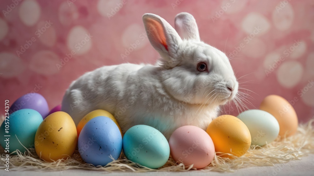 A cute white rabbit surrounded by colorful Easter eggs on a bed of straw. A cute white rabbit surrounded by colorful Easter eggs on a bed of straw.