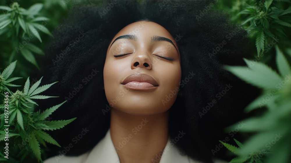 Woman with Afro Surrounded by Cannabis Plants   Relaxed and Serene Expression