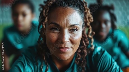 A seasoned soccer coach in a green shirt smiles confidently while her team stands behind in the stadium, embodying leadership, mentorship, and strength in sports.