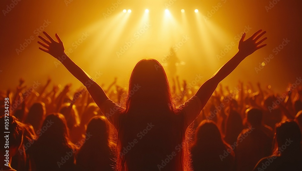 Fototapeta premium Silhouette of a Woman with Raised Arms in a Crowd at a Concert