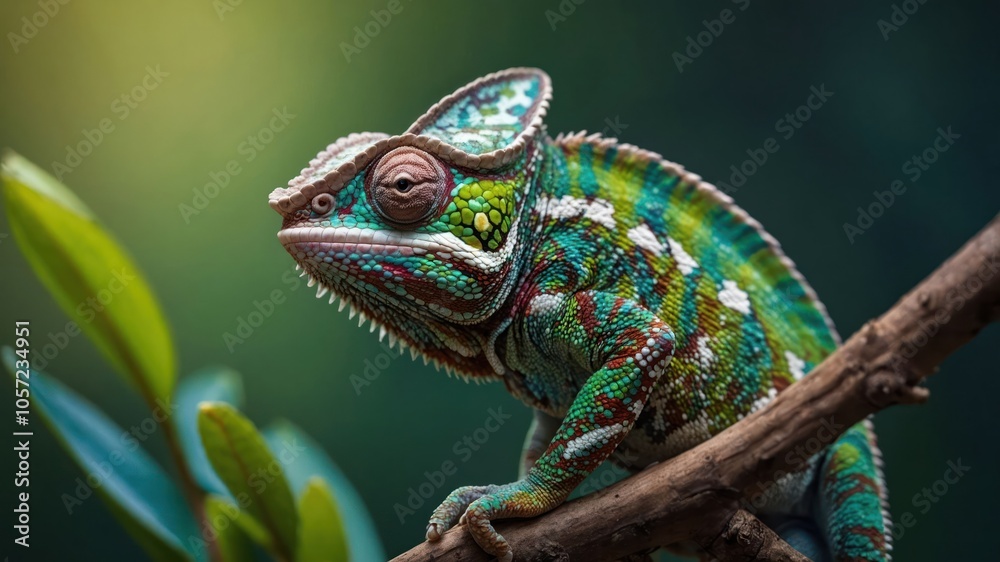 A vibrant chameleon perched on a branch, showcasing its colorful scales and unique features. A vibrant chameleon perched on a branch, showcasing its colorful scales and unique features.
