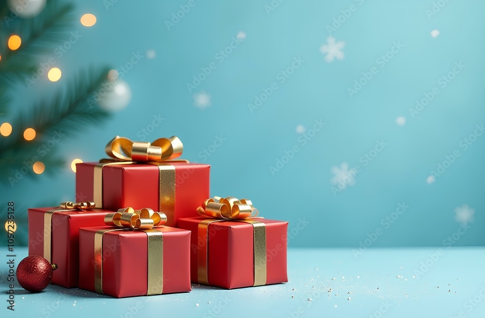 Colorful Christmas Presents with Gold Ribbons on a Soft Blue Background. Colorful Christmas Presents with Gold Ribbons on a Soft Blue Background.