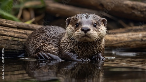 A curious otter sits partially submerged in water, surrounded by natural elements.