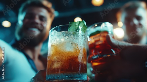 Cocktail glasses filled with vibrant drinks, garnished with fruit, held by a group celebrating at a bustling bar, capturing the essence of a lively social gathering. photo