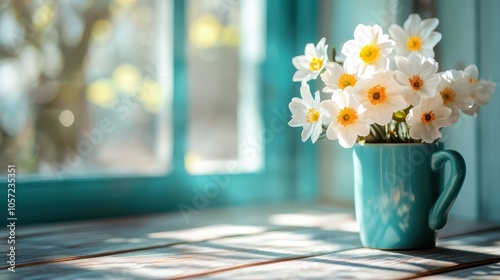 A vibrant bunch of white daffodils is beautifully placed in a pastel blue mug sitting on a wooden windowsill with sunshine streaming through the window. photo