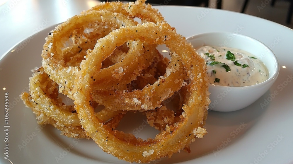 Crispy Onion Rings with Dipping Sauce - golden onion rings served with a side of spicy dip Crispy Onion Rings with Dipping Sauce - golden onion rings served with a side of spicy dip