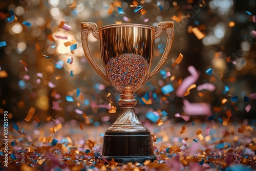 Gold winner trophy with a glossy finish, standing amidst colorful confetti. Generative AI