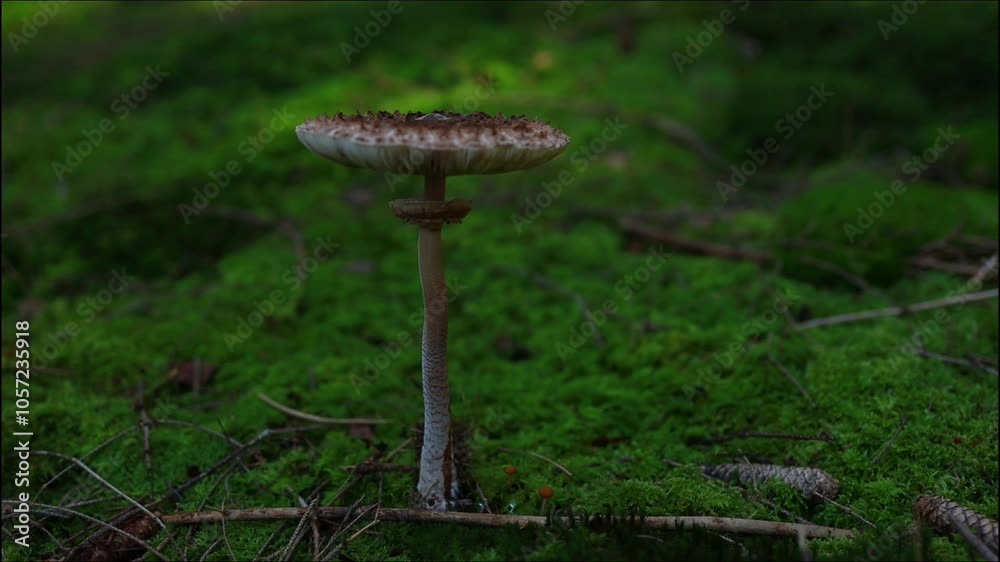 Macrolepiota procera mushroom growing in a forest with lush green moss on the forest floor. Macrolepiota procera mushroom growing in a forest with lush green moss on the forest floor.