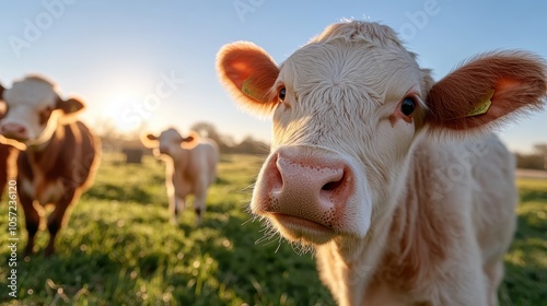 A close-up shot of a curious calf in a sunny and lush green field with a focus on its face and the surrounding serene countryside environment.