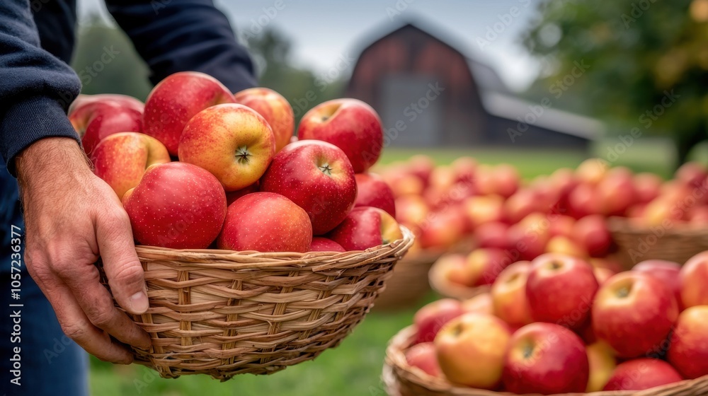 A person holding a basket filled with fresh red apples, surrounded by more apples outdoors, with a rustic barn in the background. A person holding a basket filled with fresh red apples, surrounded by more apples outdoors, with a rustic barn in the background.
