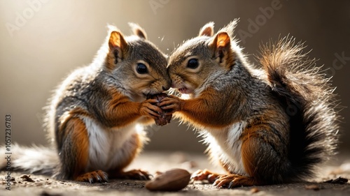 Two squirrels playfully sharing a nut in a warm, soft-lit environment.