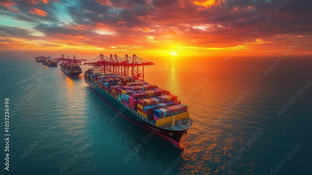 Obraz premium A large cargo ship sails on the ocean at sunset.