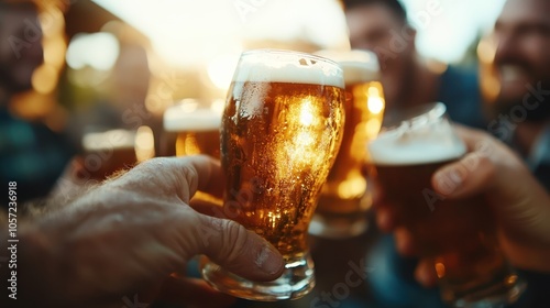 People clinking frosty beer glasses in the sun, capturing a moment of camaraderie and celebration, with light shining through the amber liquid, creating a warm ambiance.