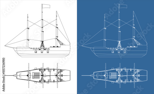 pirate ship line vector technical drawing blueprint isolated on transparent background