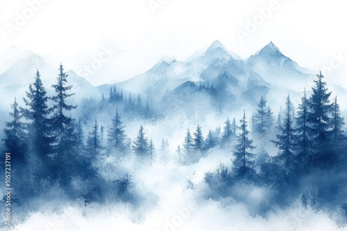 winter forest illustration, misty winter forest and hill, a serene blue watercolor landscape capturing the beauty of wild nature